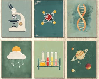 May include: Set of six science-themed wall art prints. Each print features a different illustration: a microscope, an atom model, a DNA strand, a sun and cloud with rain, test tubes, and a planet with rings. The prints have a vintage, distressed look.