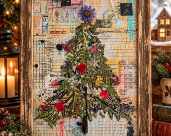 Pressed Flower Christmas Tree Wall Art, Real Dried Flower Christmas Decor, Handmade Botanical Holiday Art, Nature Inspired Christmas Gift