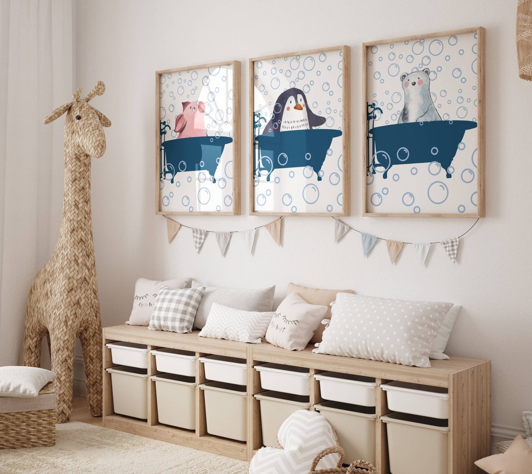 Kids Bathroom Art Set, Bathroom Wall Prints, Set of 3, Kids Bathroom