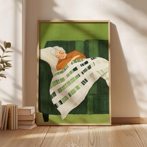 May include: A painting of a person sleeping on a green couch under a white and green blanket. The person is wearing a brown shirt and has white hair.