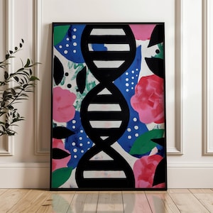 Könnte beinhalten: Abstrakter Kunstdruck mit einer schwarzen und weißen DNA-Doppelhelix vor einem bunten Hintergrund aus Rosa, Blau, Grün und Weiß. Der Hintergrund zeigt stilisierte Blumen und Blätter.