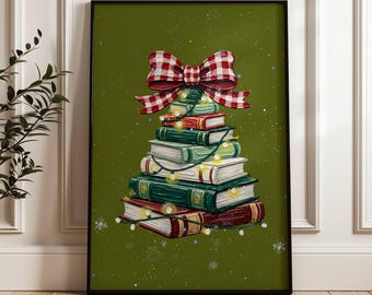 Lámina navideña con árbol de Navidad y libros, decoración para amantes de los libros, arte festivo imprimible. Arte navideño vintage con árbol de Navidad y libros. Decoración acogedora para la pared.
