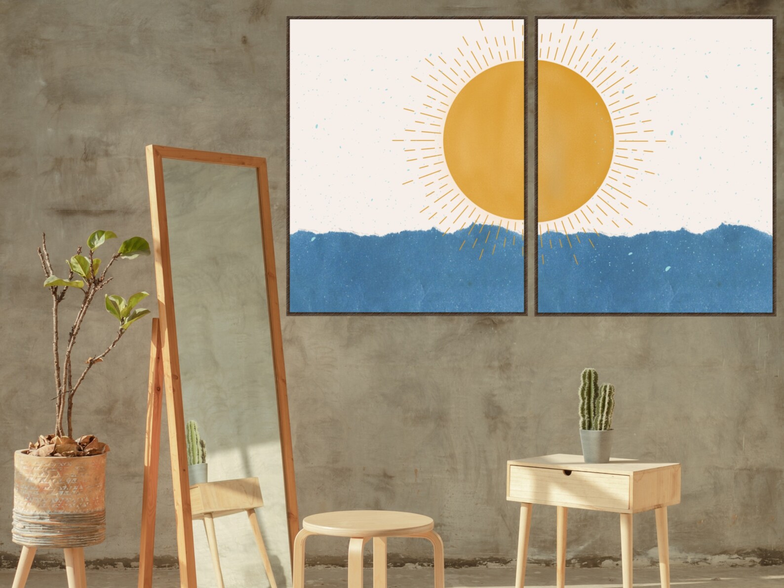 2 Piece Wall Art Sun With Rays Prints Mid Century Modern Home - Etsy