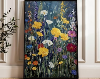 Wildflowers Painting poster Colorful Wildflower Meadow Landscape Painting Spring Flower Print Flowers Wall Art Vintage Neutral Botanical art