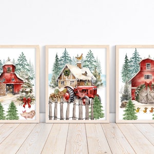 Winter Landscape Printable set of 3, watercolor farm print, Snowy Winter Print, Landscape Printable Wall Art, watercolor Painting Christmas