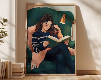 Modern reading woman art minimalist striped print Contemporary Art Minimalist Print Library art reading poster Green art Abstract People