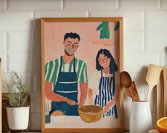 Arte de pared grande con personas abstractas Arte de pared verde esmeralda Arte de pared imprimible para parejas Impresión minimalista Arte de pared de cocina Regalo de boda para una pareja Grande