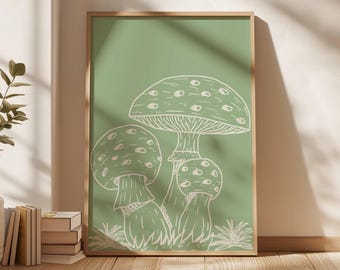 Impresión artística de hongos para guardería, impresión boho de bosque, arte de pared verde salvia, género neutro, arte de pared caprichoso cottagecore, arte de pared para guardería moderno