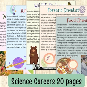 Pode incluir: Uma ilustração colorida de diferentes carreiras científicas, incluindo um botânico, um astrônomo, um biólogo de vida selvagem, um cientista forense e um químico de alimentos. Cada carreira é ilustrada com uma imagem de desenho animado e uma breve descrição do trabalho.