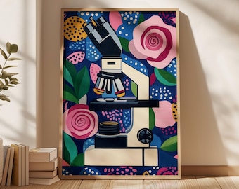 May include: A framed art print featuring a stylized illustration of a microscope. The background is a vibrant blue with floral and dot patterns in pink, yellow, and green. The microscope is depicted in black and cream colors.