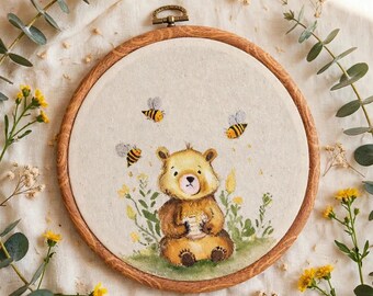 Bear Holding Honey Jar Wall Art, Hand Painted Fabric Artwork, Woodland Nursery Decor, Cute Bear Cottagecore Decor, Handmade Hoop Art