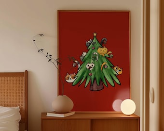 Christmas tree cat lovers decor cozy holiday cat Christmas illustration whimsical cats Christmas tree poster festive cat themed holiday art