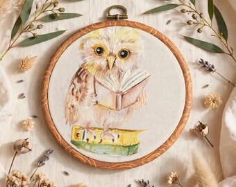Owl Reading Book Wall Art, Hand Painted Fabric Artwork, Woodland Nursery Decor, Book Lover Gift, Cottagecore Handmade Hoop Art