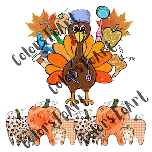 Puede incluir: Un diseño de dentista con temática de Acción de Gracias con un pavo de dibujos animados que lleva una gorra quirúrgica azul y un estetoscopio. El pavo está rodeado de hojas de otoño, calabazas y herramientas dentales. El texto "Colgan's Custom Art" es visible en el fondo.