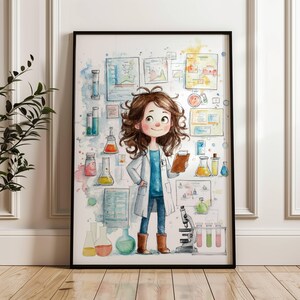 May include: Watercolor illustration of a young scientist in a lab coat, holding a clipboard, with various lab equipment and diagrams in the background. The artwork is framed in a black frame and displayed on a wooden floor.