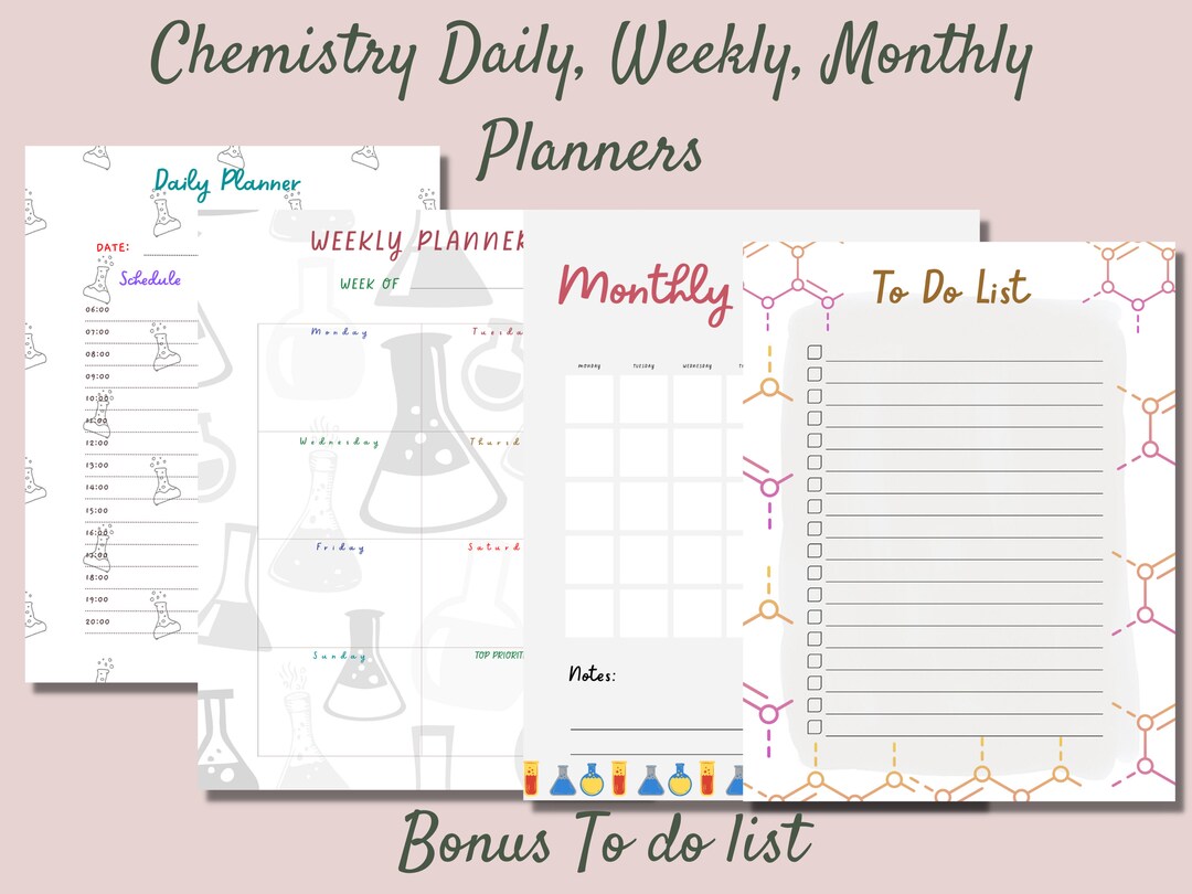 Chemistry Planners, Daily Planner, Weekly Planner, Monthly Planner, Planner Set, Digital ...