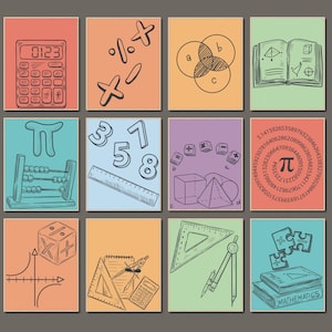 May include: A colorful illustration of various math-related objects, including a calculator, a ruler, a protractor, a compass, a book, a set of dice, a Venn diagram, a set of geometric shapes, and a spiral with the Greek letter pi. The illustration is in a vintage style with hand-drawn lines and shading.