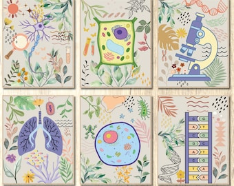 May include: Six illustrated prints with a botanical theme featuring various scientific illustrations. The prints include a neuron, a plant cell, a microscope, a lung, an animal cell, and a DNA ladder.