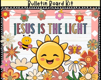 Puede incluir: Un kit de tablero de anuncios de primavera con un sol amarillo, flores, una abeja y una mariposa. El texto "Jesús es la luz" se muestra en el tablero de anuncios.