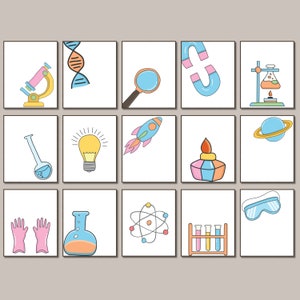 May include: A set of 12 colorful science-themed illustrations, including a microscope, DNA strand, magnifying glass, magnet, lab stand, beaker, light bulb, rocket, burner, planet, atom, test tubes, and goggles.