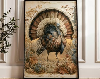 Vintage Turkey Wall Art, Thanksgiving Decor, Rustic Farmhouse Turkey Painting, Autumn Kitchen Decor, Cottagecore Fall Artwork