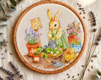 Bunny Wall Art Hand Painted Fabric, Rabbit Nursery Decor, Cottagecore Woodland Animal Art, Handmade Hoop Wall Decor