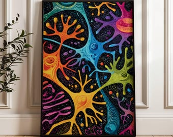 Arte de pared abstracto de neuronas y células cerebrales, impresión de arte científico, neurociencia, decoración cerebral, arte biológico, obra de arte abstracta moderna de células cerebrales para oficina