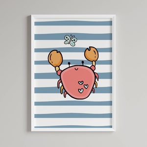 Krab aquarel afdrukbare muur kunst strand kwekerij decor krab muur kunst kust Home decor meisje badkamer decor Kid badkamer afdrukbare cadeau schattig