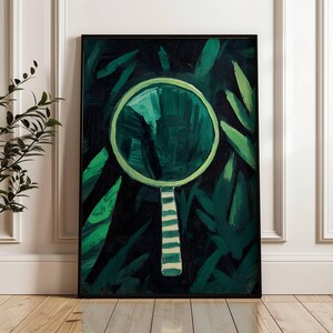 May include: A green magnifying glass with a white and green striped handle, set against a dark green background with abstract brushstrokes.