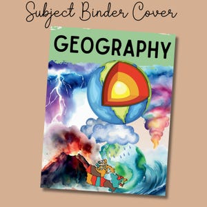 Puede incluir: Una cubierta de carpeta colorida con la palabra "GEOGRAFÍA" en letras negras en negrita. La cubierta presenta una ilustración de acuarela de un globo terráqueo con una sección transversal de las capas de la Tierra, un volcán en erupción, una nube de tormenta con rayos y una ola rompiendo.