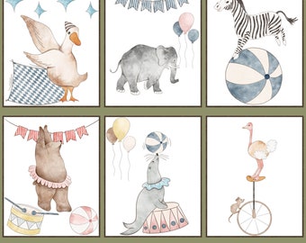 Circus Animals Nursery Art set de 6, decoración de sala de juegos, arte de pared para niños Circus, impresión temática de circo, decoración de guardería, guardería Circus Print, regalo