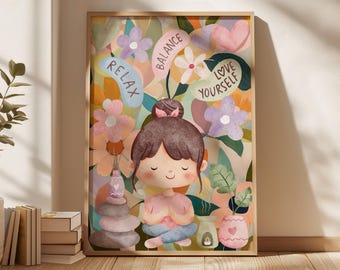 Kleurrijke ontspanning illustratie moderne muurkunst gezellig huisdecor yoga-meditatie print yogastudio decor meditatie kunst aan de muur mindfulness kunst