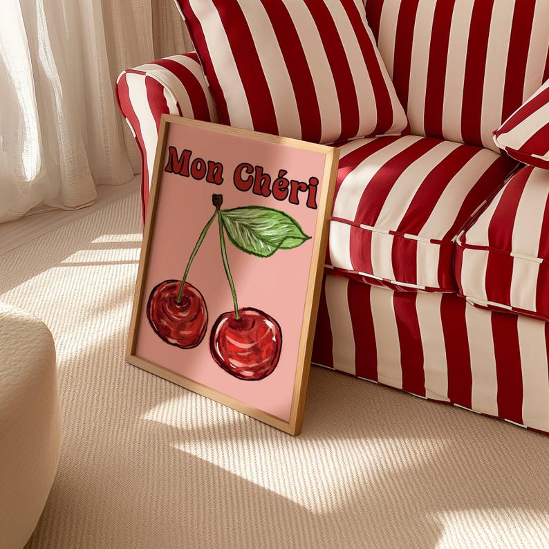 Cherry Poster Red Ma Cherie Printable Wall Art Home Decor Retro Style