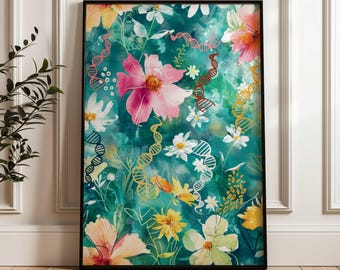 Puede incluir: Una pintura de acuarela de un patrón floral con un fondo turquesa. Las flores son rosas, amarillas y blancas. El patrón está intercalado con hebras de ADN en oro, rojo y blanco.