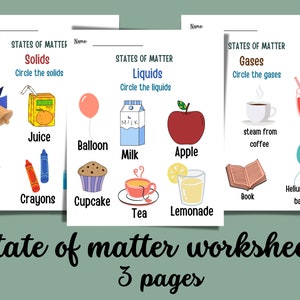 Hojas de trabajo imprimibles digitales de los estados de la materia, jardín de infantes, montessori, preescolar, educación en el hogar, hojas de trabajo de ciencias, química, tareas
