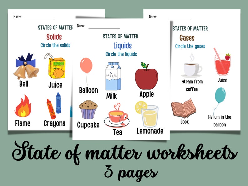 States of Matter Digital Printable Worksheets Kindergarten Etsy