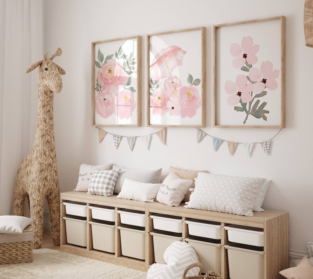 Girls Blush Pink Wall Art Set of 3 Pink Roses Wall Art Set Bedroom ...