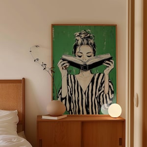 reading art green illustration minimalist striped design reading wall art Minimalist book lover print green aesthetic artwork room decor