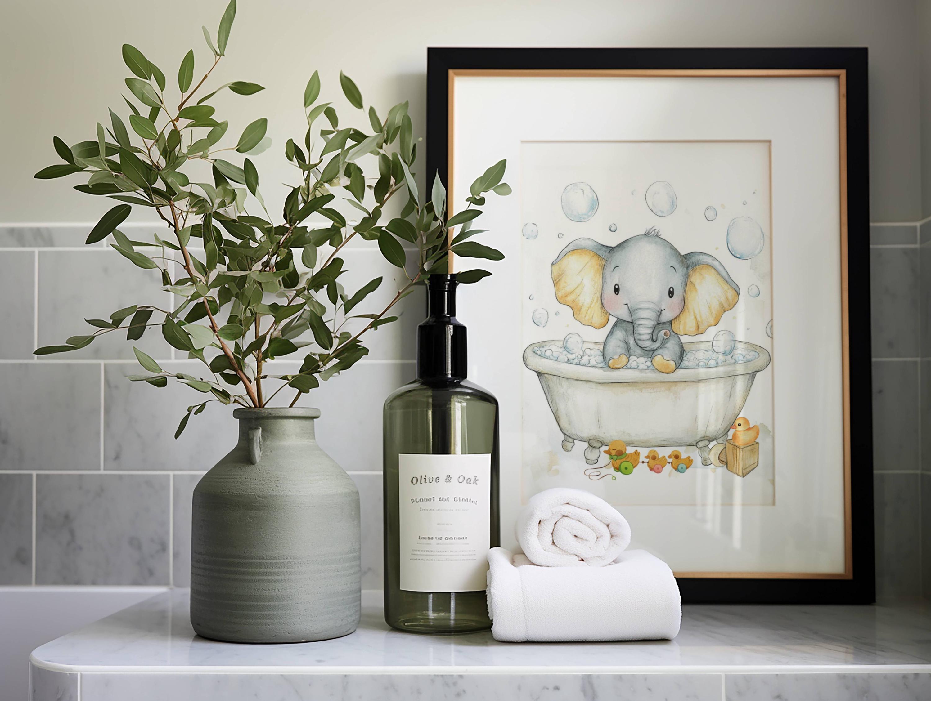 Watercolor Elephant in Blue Bathtub Art Print Boy Bathroom Wall Decor ...