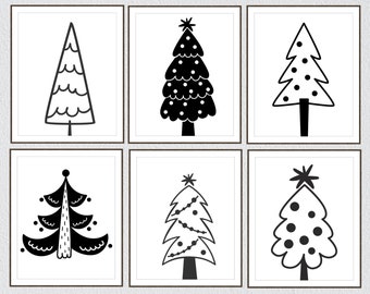 Christmas Tree Print Set, Black and White Holiday Decor (Digital Download)