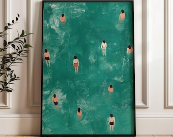 Väggkonst med simning, små figurer, minimalistisk väggdekor, gåva till simmare, pool, badkar, badrumsdekor, grön väggkonst, poolhusdekor, sjö