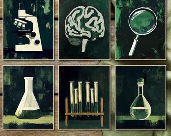 May include: A set of six green and white science-themed illustrations. The illustrations include a microscope, a brain, a magnifying glass, a beaker, a set of test tubes, and a flask.