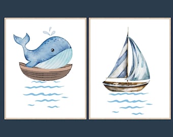Watercolor Nautical Kids Bathroom Art Set (Digital Download)