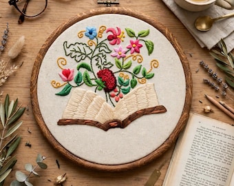 Hand Embroidered Book Wall Art, Embroidered Book Decor, Literary Wall Art, Book Lover Gift, Reader Gift, Bookish Home Decor, Library decor