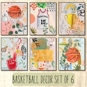 Decorazione per la stanza del ragazzo a tema basket, set di 6 stampe acquarellabili sportive per la cameretta dei bambini, regalo per un ragazzo, decorazione per la camera da letto a tema basket, decorazione per la sala giochi, arte in cantina