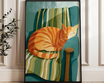 Decorazione da parete per gatti, regalo per mamma, gatto minimalista, stampa geometrica moderna per gatti, galleria per amanti dei gatti, arte murale, gatto addormentato, download digitale, verde smeraldo