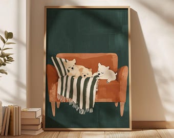 Puede incluir: Tres perros pequeños duermen en un sofá marrón con una manta a rayas. El sofá está frente a una pared verde oscuro.
