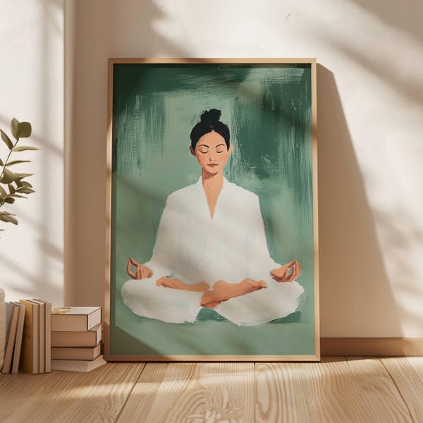 Minimalist Meditation Art Print Mindfulness Art for Meditation Room Yoga Studio decor white and green wall art Zen Decor Buddhism wall art
