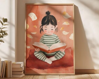Girl Reading Illustration Minimalist Stripe Dress Print Modern Wall Art Book Lover Art Contemporary Artwork Reading Modern Print Bookworm