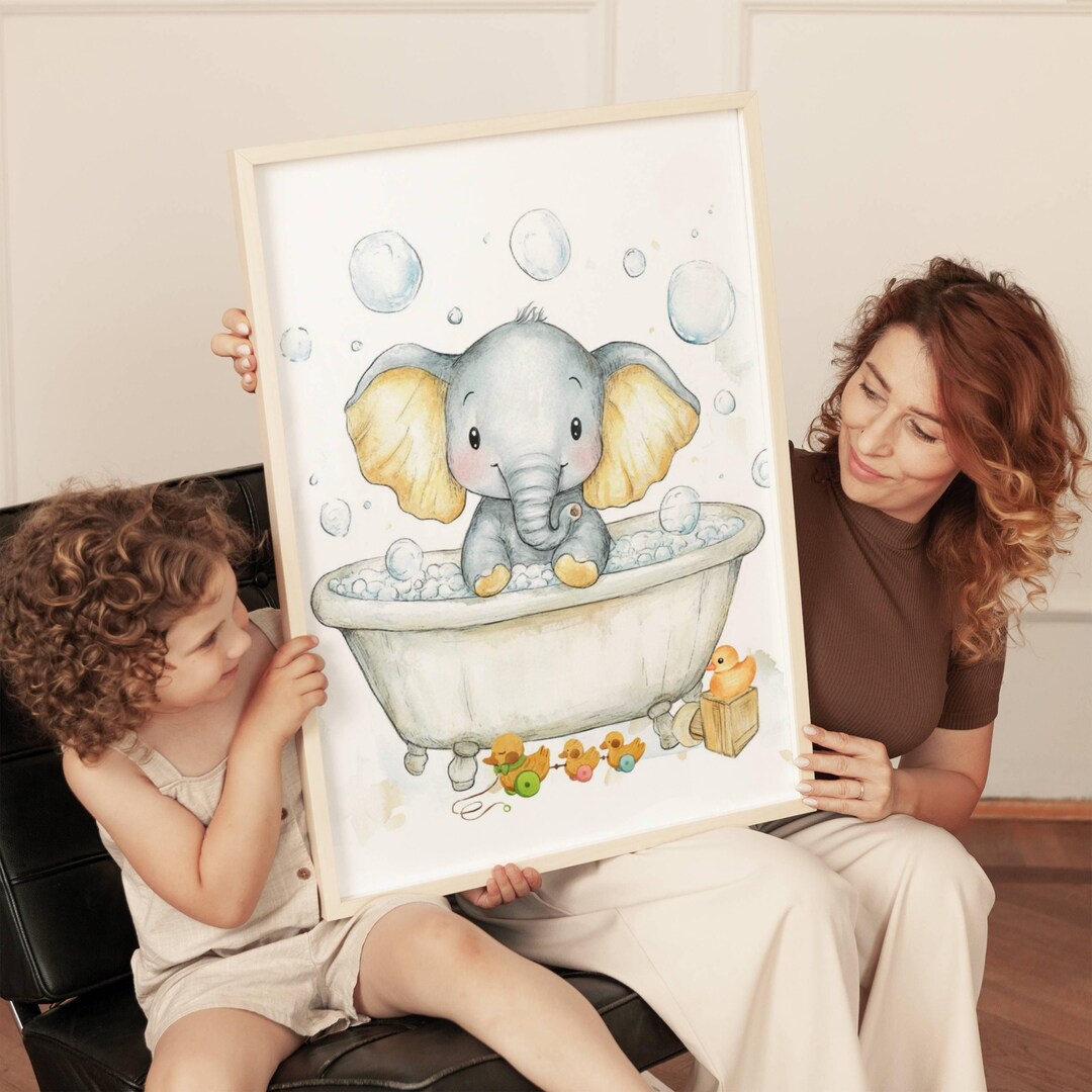 Watercolor Elephant in Blue Bathtub Art Print Boy Bathroom Wall Decor ...